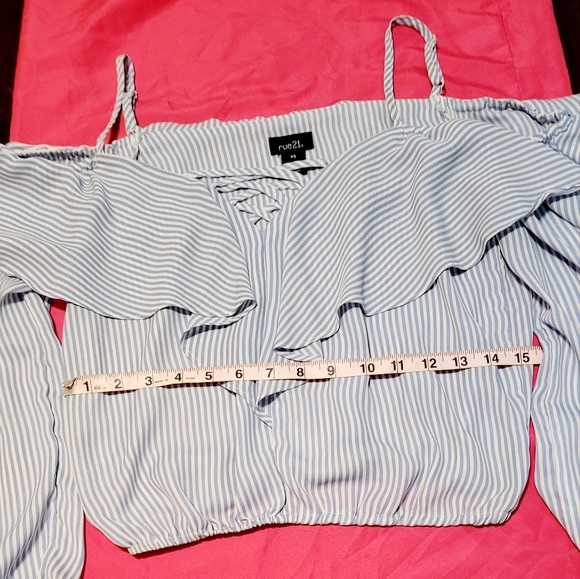 Rue21 Light Blue Striped Off The Shoulder Cropped Blouse W/ Ruffle Detail. Sz Xs - Picture 8 of 10